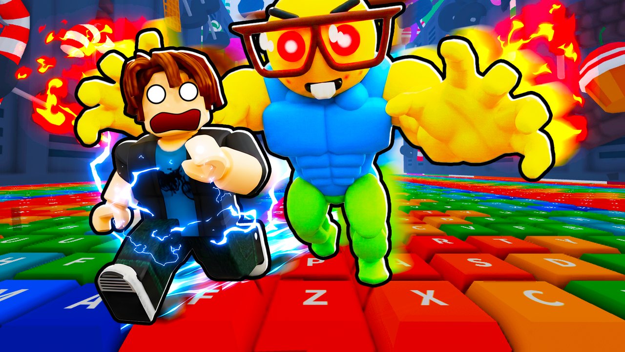 Cartoony thumbnail — buff noob chase