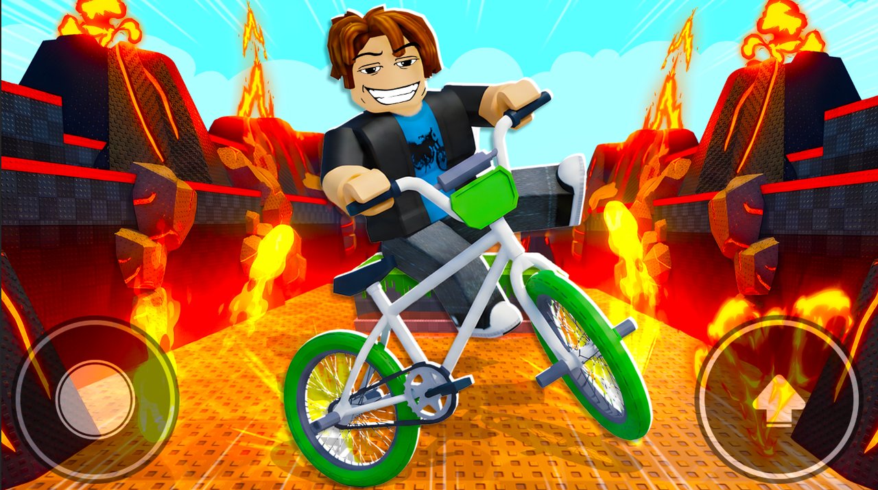 Cartoony thumbnail — bike over lava
